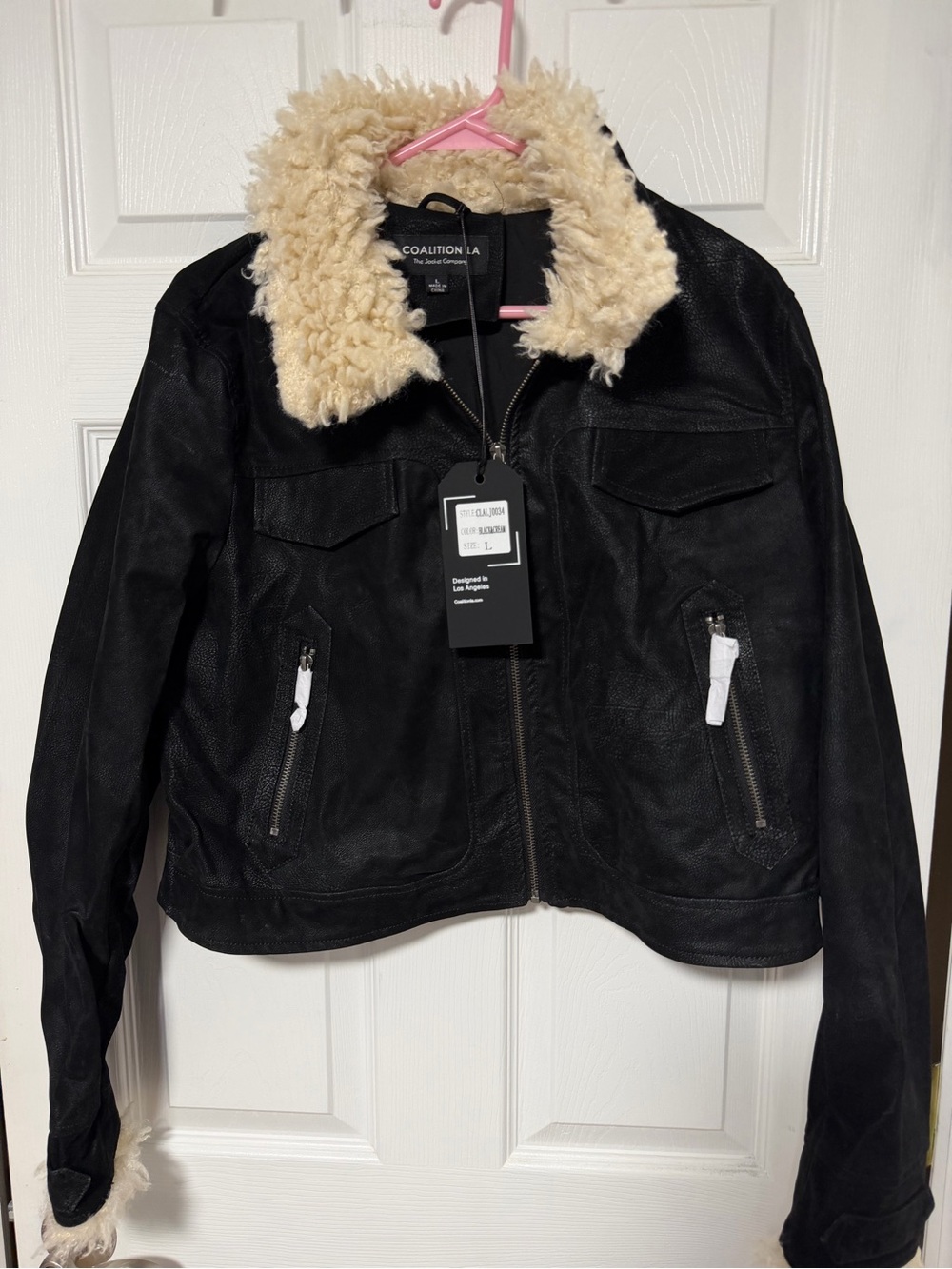 Coalition LA Black Faux Leather Jacket with Cream Sherpa Collar